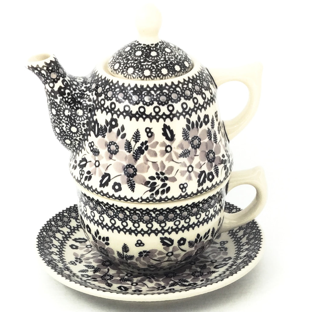 Teapot w/Cup & Saucer in Gray & Black