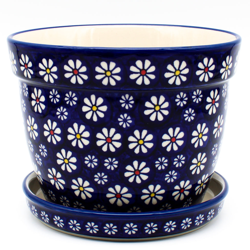 Lg Flower Pot w/Plate in Flowers on Blue