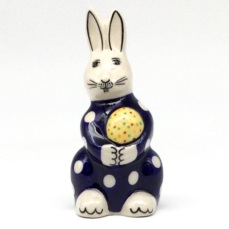 Bunny Holding Easter Egg-Miniature in White Polka-Dot